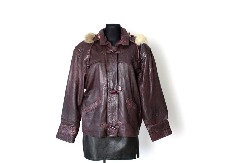 Vintage 70's 80's Leather Jacket with Faux Fur Hood, Toggle Buttons Burgundy Bomber Jacket image 1