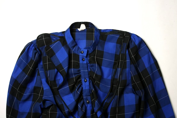 Plaid Ruffled Blouse, Blue Black Check Blouse, Se… - image 4