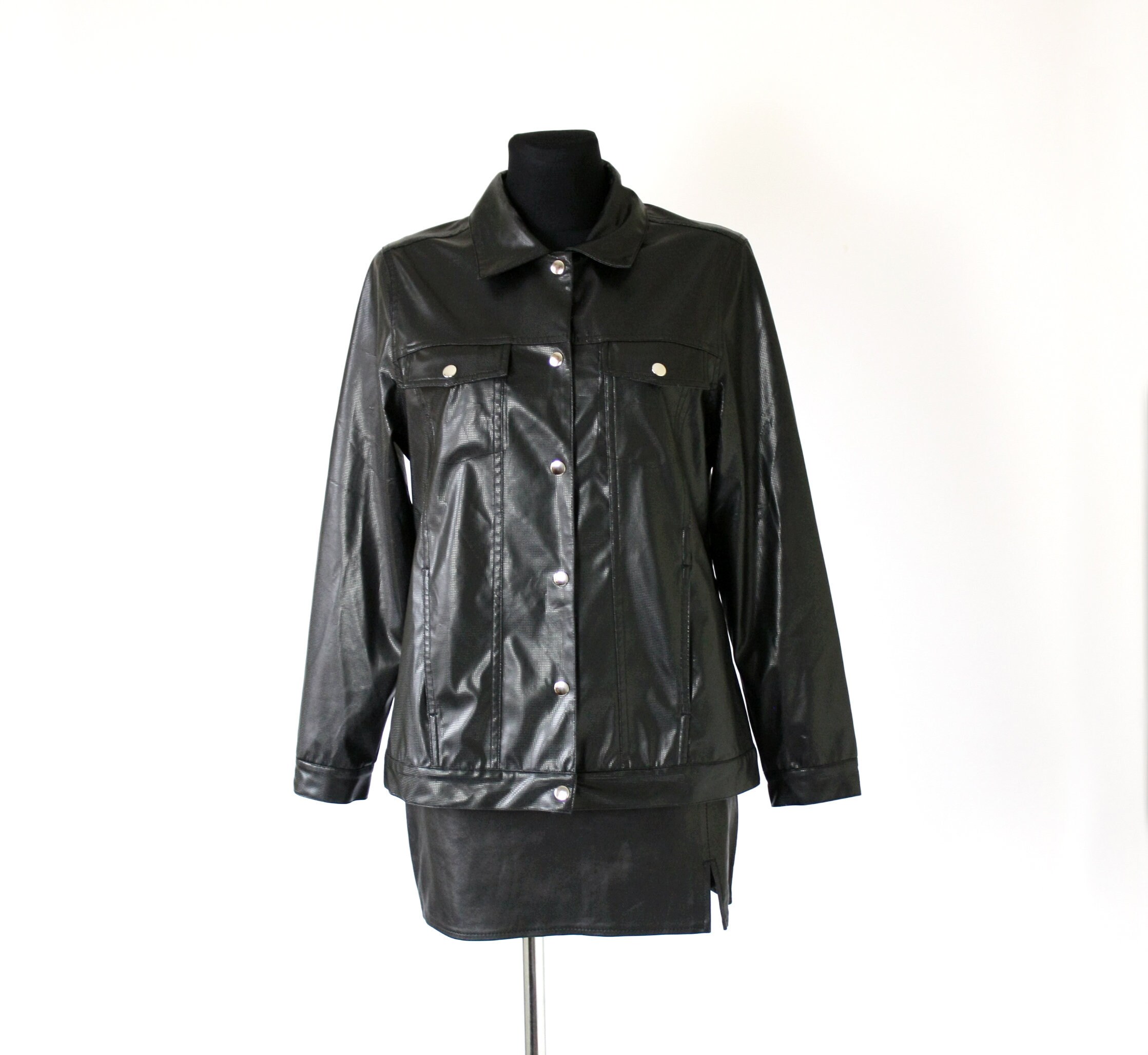 Vintage 90 S Pvc Jacket Black Faux Vegan Leather Blazer Textured Biker Moto