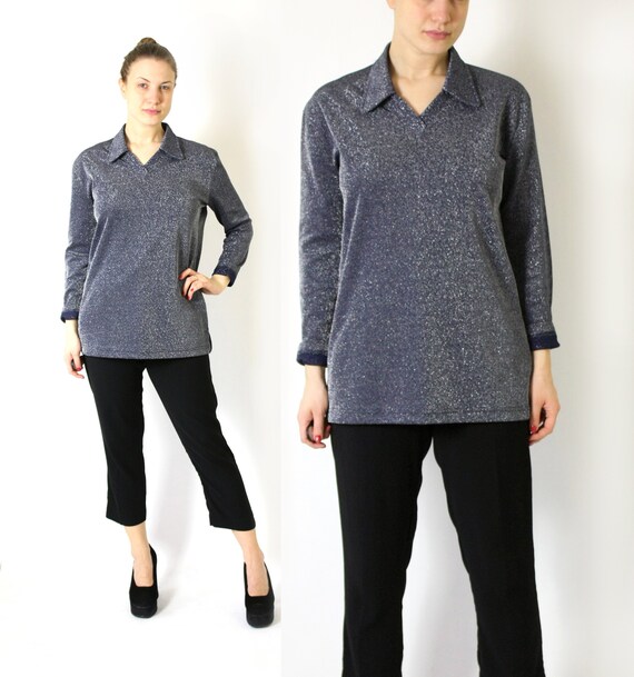 Vintage Blue Silver Sparkling Blouse, 80's Metalli