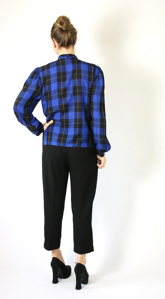 Plaid Ruffled Blouse, Blue Black Check Blouse, Se… - image 3