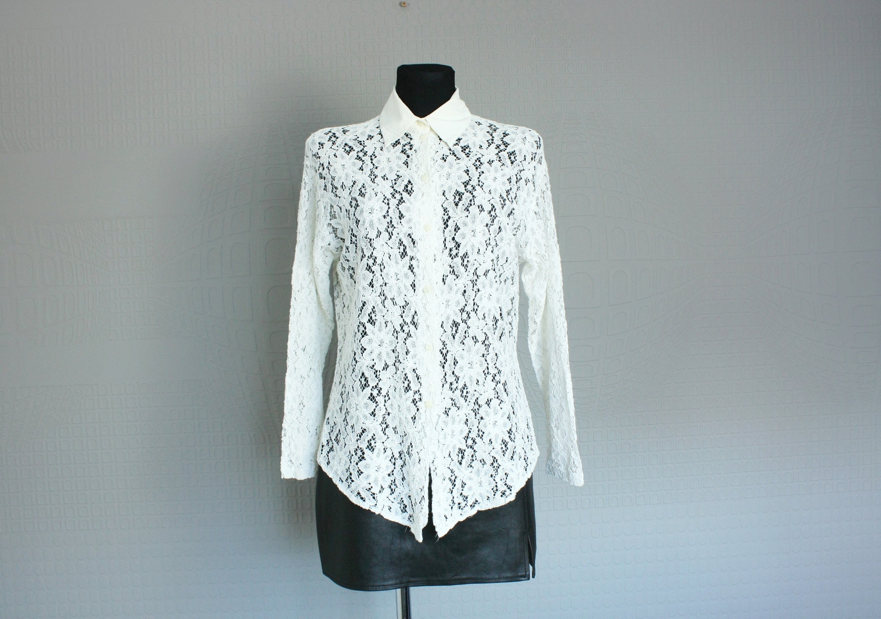 Vintage 70s Ivory White Lace French Blouse, See Thru Mesh Vintage 70s Ivory White Lace French Blouse, See Thru Mesh