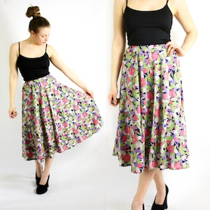 Vintage 70&#39;s Floral Colorful High Waist Skirt, A-Line Flower Print Midi Full Skirt  - Small to Medium