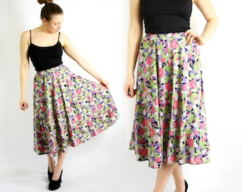 Vintage 70s Floral Cotton Midi Skirt: High Waist A-Line, S-M