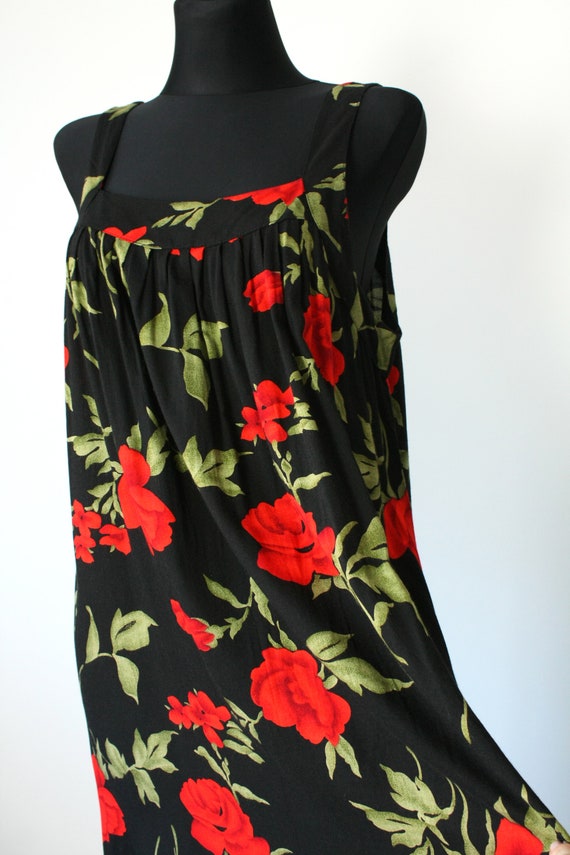 Vintage Roses Viscose Dress,  90's Red  Black Flo… - image 2