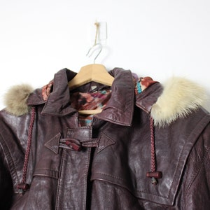 Vintage 70's 80's Leather Jacket with Faux Fur Hood, Toggle Buttons Burgundy Bomber Jacket image 7