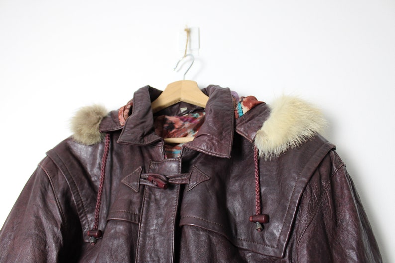 Vintage 70's 80's Leather Jacket with Faux Fur Hood, Toggle Buttons Burgundy Bomber Jacket image 7