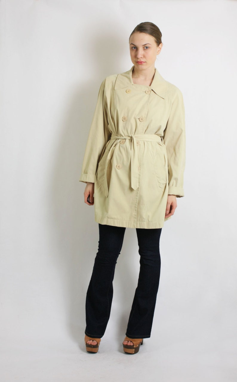Vintage 80/'s 90/'s Beige Double Breasted Short Lightweight Belted Trench Coat