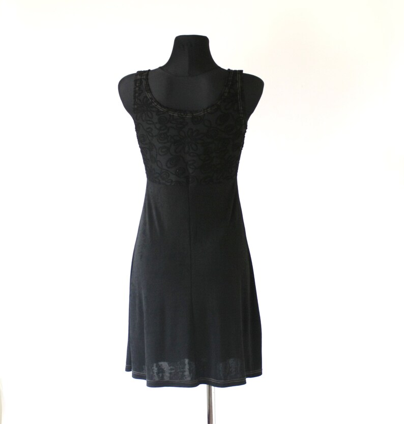 Small to Medium Black Skater Mini Dress Vintage 90/'s Black Slinky Baby Doll Dress Empire Waist
