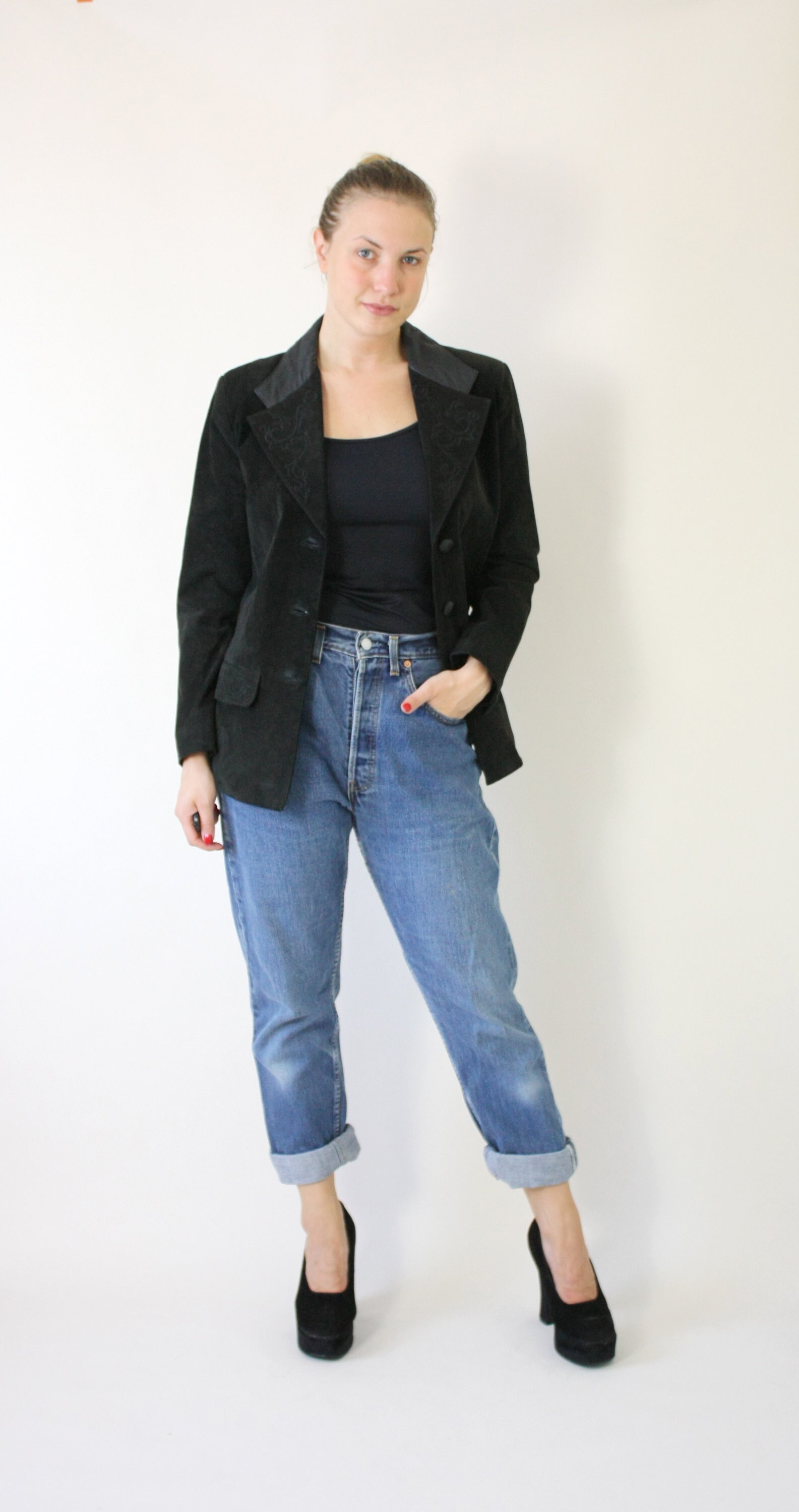 Vintage 90s Black Suede Blazer: Fitted Leather Jacket - Etsy
