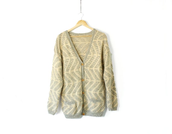 Vintage Chunky Knit Cardigan, Handmade Cream & Gr… - image 1