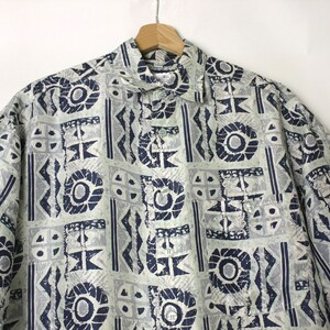 Vintage 80's 90's Silk Lightweight Men's Shirt, Abstract Print Collared Button Down Blue Shirt Boho short sleeves image 4