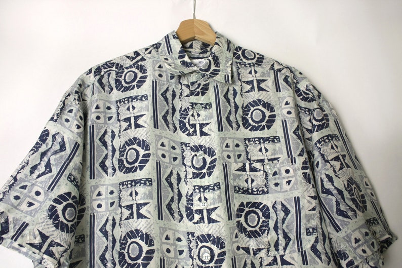 Vintage 80's 90's Silk Lightweight Men's Shirt, Abstract Print Collared Button Down Blue Shirt Boho short sleeves image 4