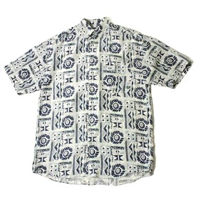 Vintage 80's 90's Silk Lightweight Men's Shirt, Abstract Print Collared Button Down Blue Shirt Boho short sleeves image 2