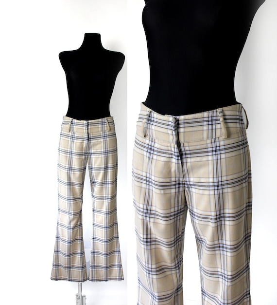 Vintage Plaid Boot Cut Pants, 90's Check Beige Blue White Vintage Plaid Boot Cut Pants, 90's Check Beige Blue White