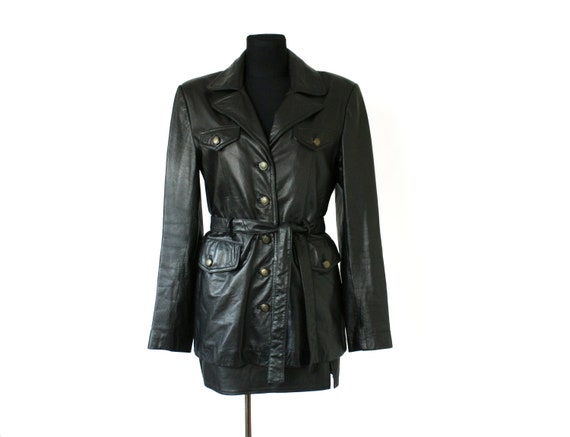 Vintage Leather Belted Jacket, Black Genuine Leath