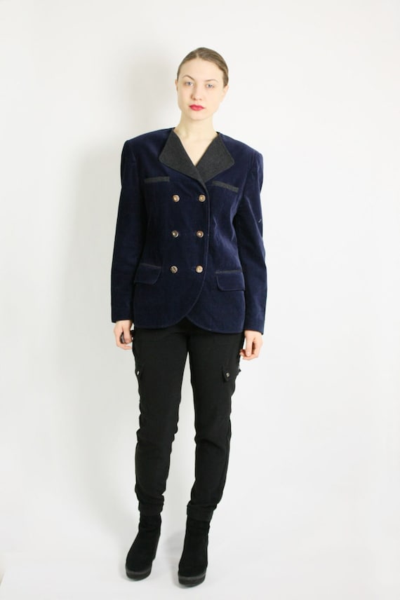 Vintage 80s Corduroy Double Breasted Blazer: Navy Blue German