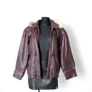 Vintage 70's 80's Leather Jacket with Faux Fur Hood, Toggle Buttons Burgundy Bomber Jacket image 4