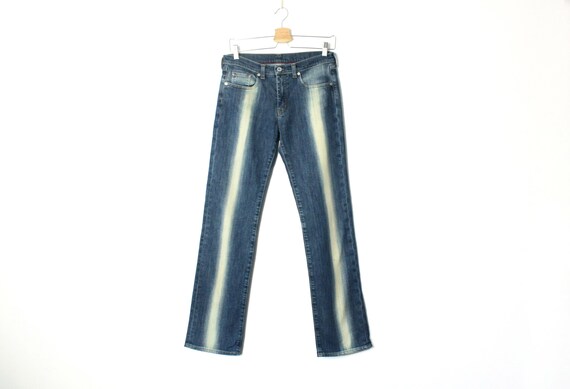 Jeans rayes teints dans l eau de javel vintage des annees 90 jean delave a l acide jambe droite taille basse Etsy France