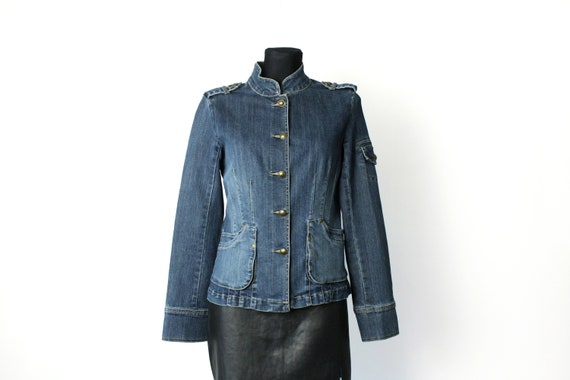 Vintage 90 s Denim Jean Blue Jacket Marching Band Double Breasted Military Blazer Jacket Metal Buttons Etsy Sweden