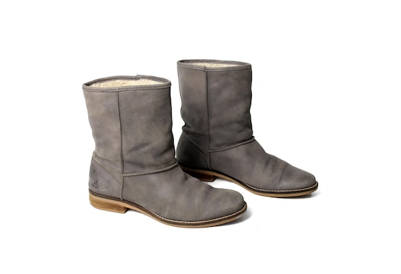 Vintage Grey Leather Ankle Boots with Faux Fur Lining (EUR 39/ US 8.5)