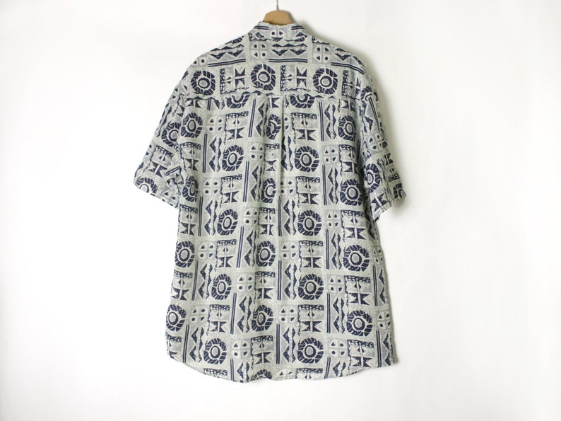 Vintage 80's 90's Silk Lightweight Men's Shirt, Abstract Print Collared Button Down Blue Shirt Boho short sleeves image 3