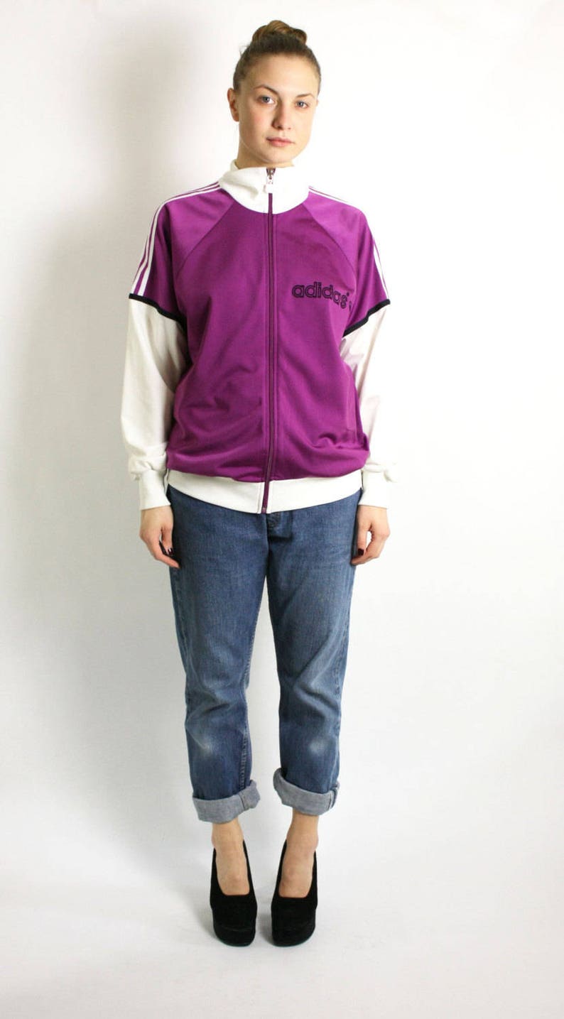 purple adidas jacket white stripes