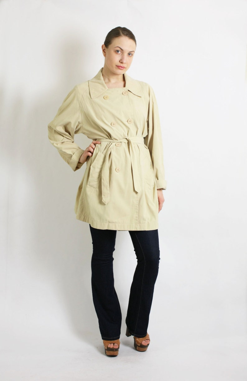 Vintage 80/'s 90/'s Beige Double Breasted Short Lightweight Belted Trench Coat