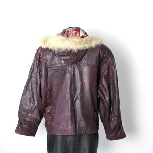 Vintage 70's 80's Leather Jacket with Faux Fur Hood, Toggle Buttons Burgundy Bomber Jacket image 3