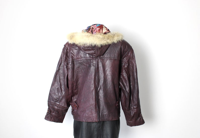 Vintage 70's 80's Leather Jacket with Faux Fur Hood, Toggle Buttons Burgundy Bomber Jacket image 3