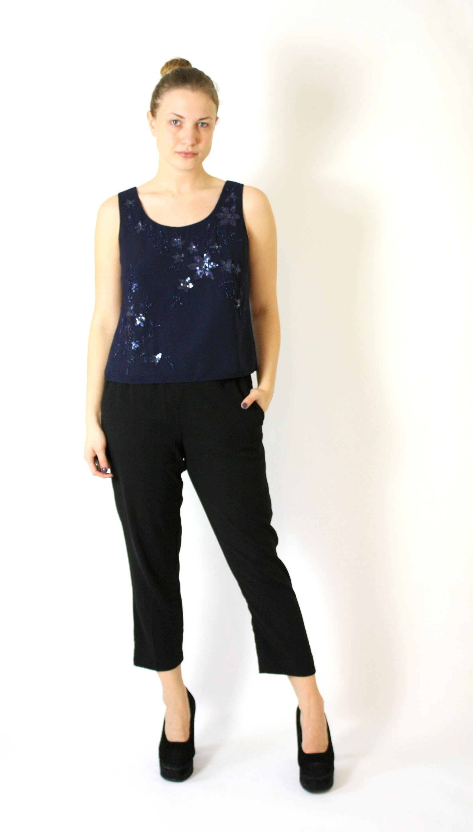 Vintage Blue Sequinned Top, Blue Tank Top, Floral Sparkly Embroidery,  Sleeveless Top, Evening Cocktail Blouse