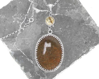 Huge Dinosaur Bone Necklace in Sterling Silver - Fossil Jewelry - Red/Orange Dino Bone - Picture Jasper