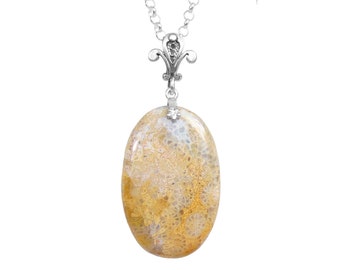 Sterling Silver Fossil Necklace - Fossil Coral Pendant with Chain