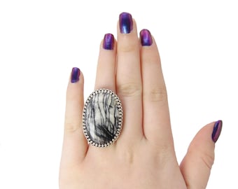 Zebra Jasper Ring in Sterling Silver - US Size 9 - Black and White Gemstone - Large Stone Ring - Handmade Jewelry