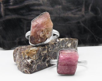 Raw Pink Tourmaline Ring in Sterling Silver - Satin Finish - Rough Natural Stone Jewelry - US Size 7.5 and Size 8