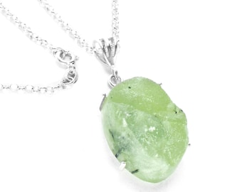Raw Prehnite Necklace in Sterling Silver - Rough Green Stone Pendant - Natural Gemstone