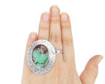 Green Chrysoprase Ring in Sterling Silver - Large Jewelry - Heavy Handmade Adjustable Ring - Large Stone Ring