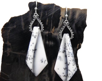 Dendritic Opal Earrings in Sterling Silver - Dangle Earrings - Long Drop - Jewelry