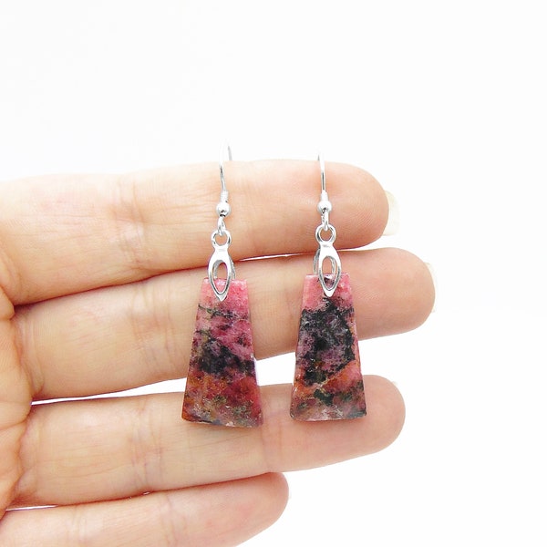 Rhodonite Earrings in Sterling Silver - Black and Pink Rhodonite Dangle Earrings - Drilled Stone Jewelry