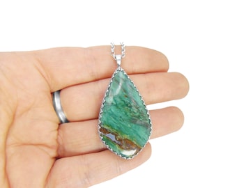 Green Prase Jasper Necklace in Sterling Silver - Large Jewelry - Handmade Pendant with Chain