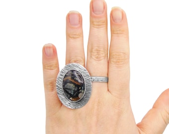 Huge Picasso Jasper Ring in Sterling Silver - Adjustable - Handmade Jewelry - Heavy Chunky Statement Ring - Large Stone Ring