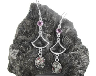 Fuchsia Eudialyte and Purple Amethyst Earrings in Sterling Silver - Modern Geometric Jewelry - February Birthstone - Dangle Earrings