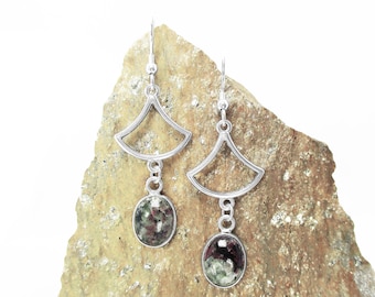 Ruby Zoisite Earrings in Sterling Silver - Modern Geometric Dangle Earrings