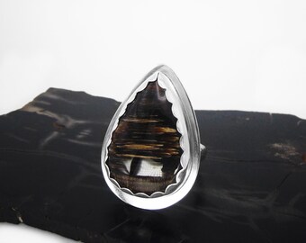 Petrified Wood Ring in Sterling Silver - Large Stone Ring - Fossil - Heavy Handmade Large Jewelry - Adjustable Ring