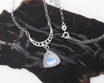 Rainbow Moonstone Necklace in Sterling Silver - June Birthstone - Moon Phases Pendant With Chain - Wedding Necklace