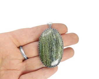 Green Swiss Opal Necklace in Sterling Silver - Heavy Stone - Large - Handmade Serpentine Pendant with Chain
