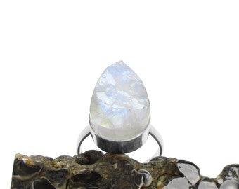Raw Rainbow Moonstone Ring in Sterling Silver - Rough Natural Stone Ring - Teardrop