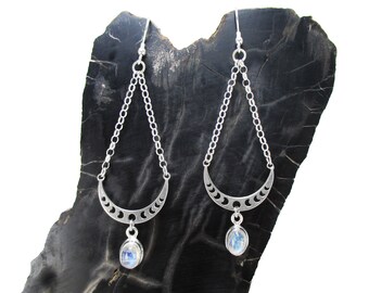 Moon Phases Earrings - Rainbow Moonstone Earrings in Sterling Silver - Dangle Earrings - June Birthstone - Witch Earrings