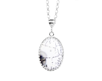 Dendritic Opal Pendant in Sterling Silver - Black And White Jewelry - Pendant Necklace with Chain