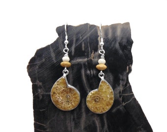 Ammonite Earrings in Sterling Silver - Fossil Dangle Earrings - Petrified Wood - Fossil Coral
